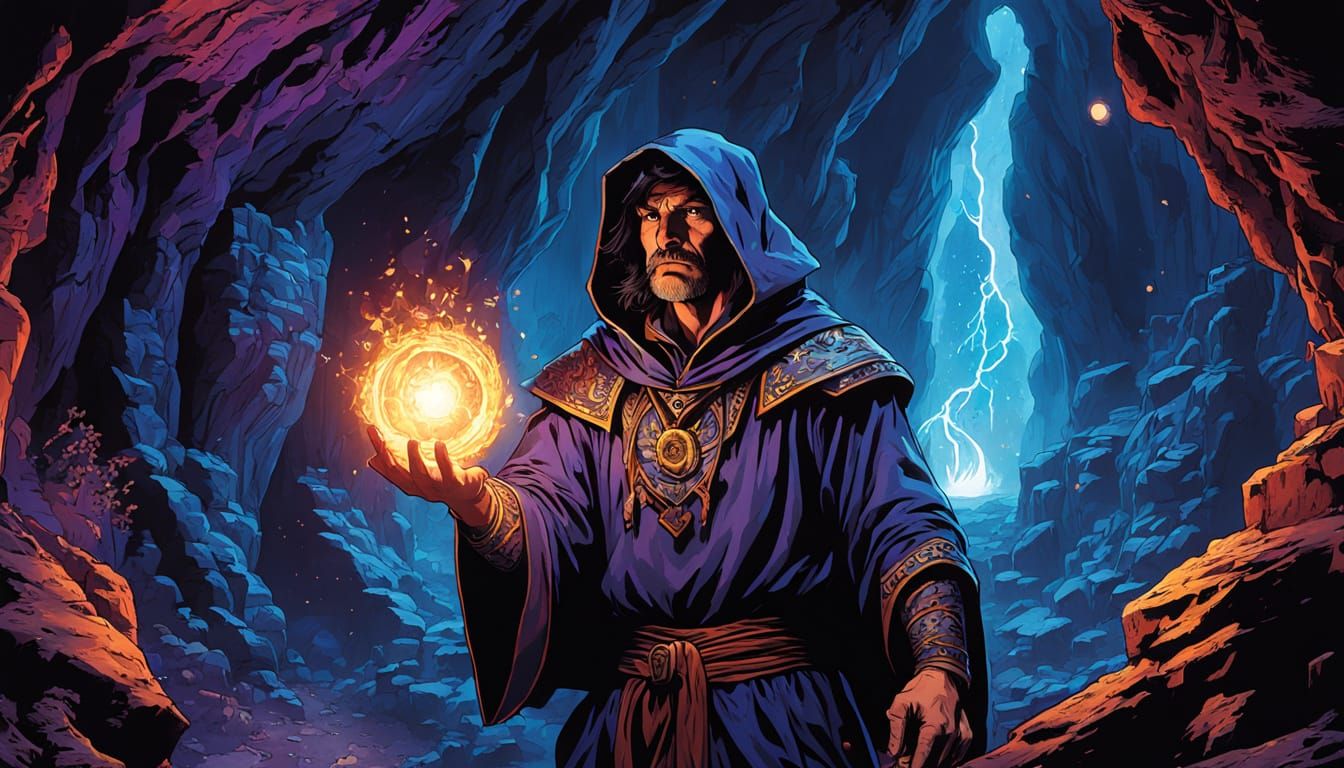 Sorcerer Casting Spell in Dark Cave: Comic Book Art