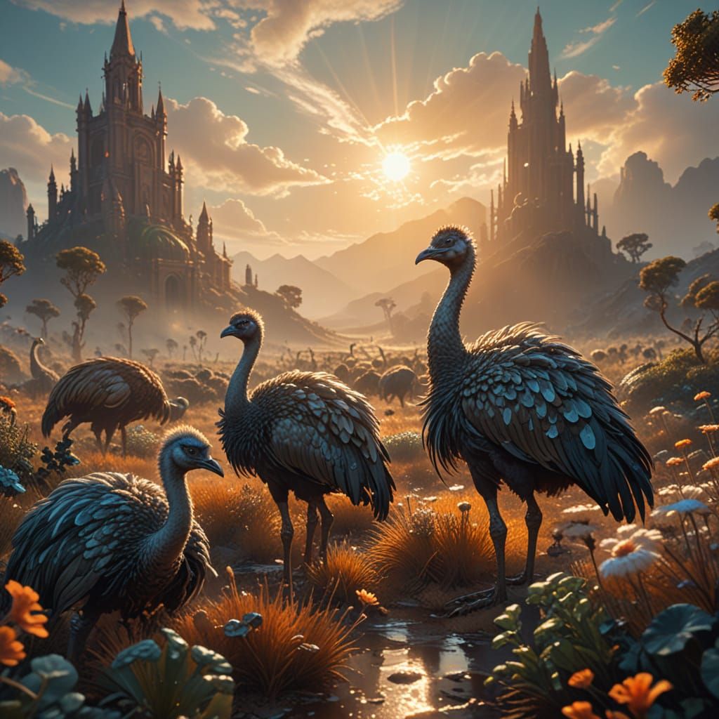 Surreal Ostrich Landscape in Vibrant, Dreamlike Colors