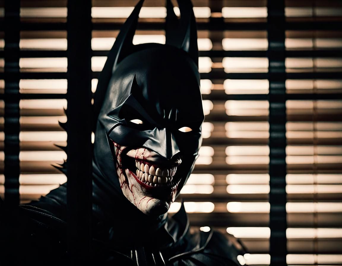 A eerie image of a window with horizontal blinds showing the sinister burnt flesh face of the Batman Who Laughs from the...