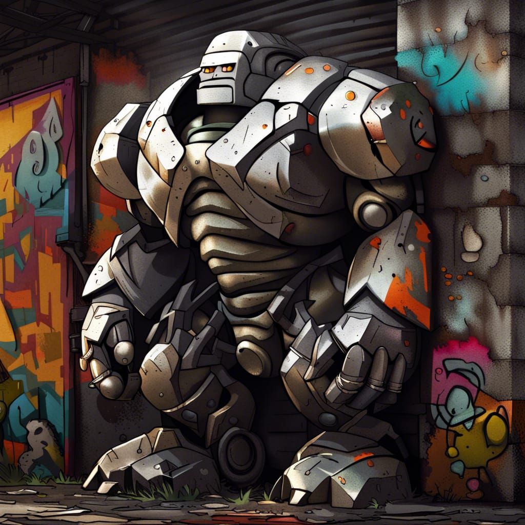 Cartoon iron golem graffiti art, high contrast, ultra detailed, ultra quality, CGSociety