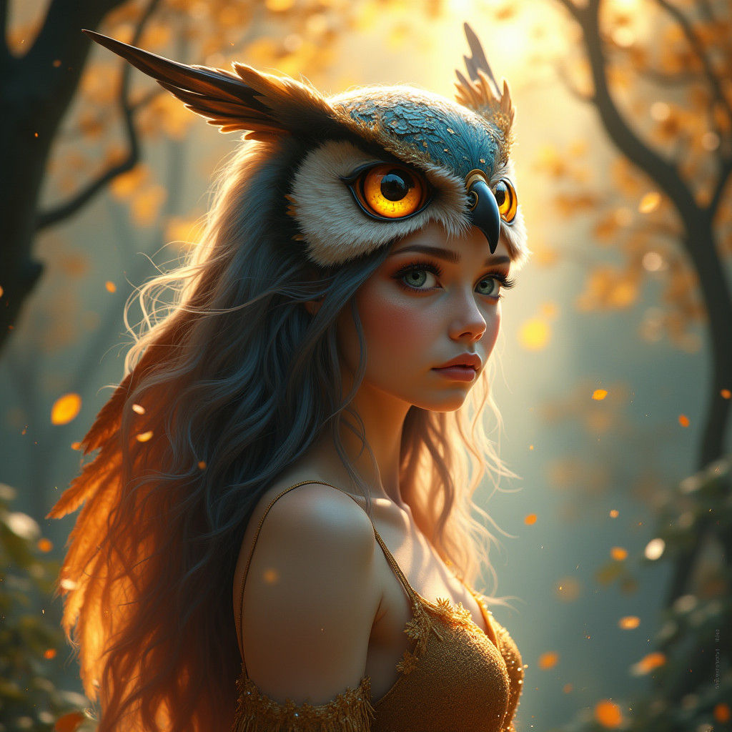 Ethereal Woman with Owl Headdress in Enchanted Forest
