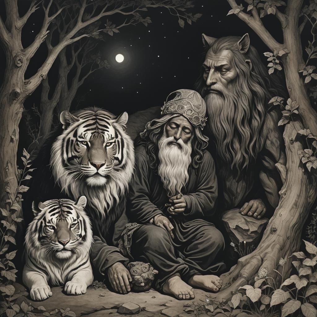 Christ and Gnome Sleeping with Black Tiger