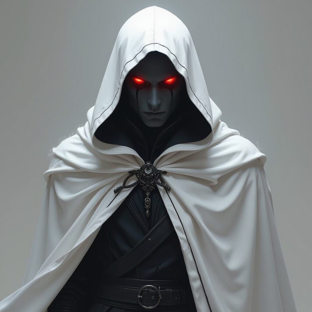 Dark Fantasy Cloaked Figure with Glowing Red Eyes