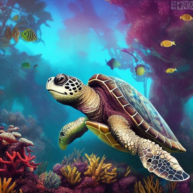 Underwater Turtle Adventure in Fantasy Art Style