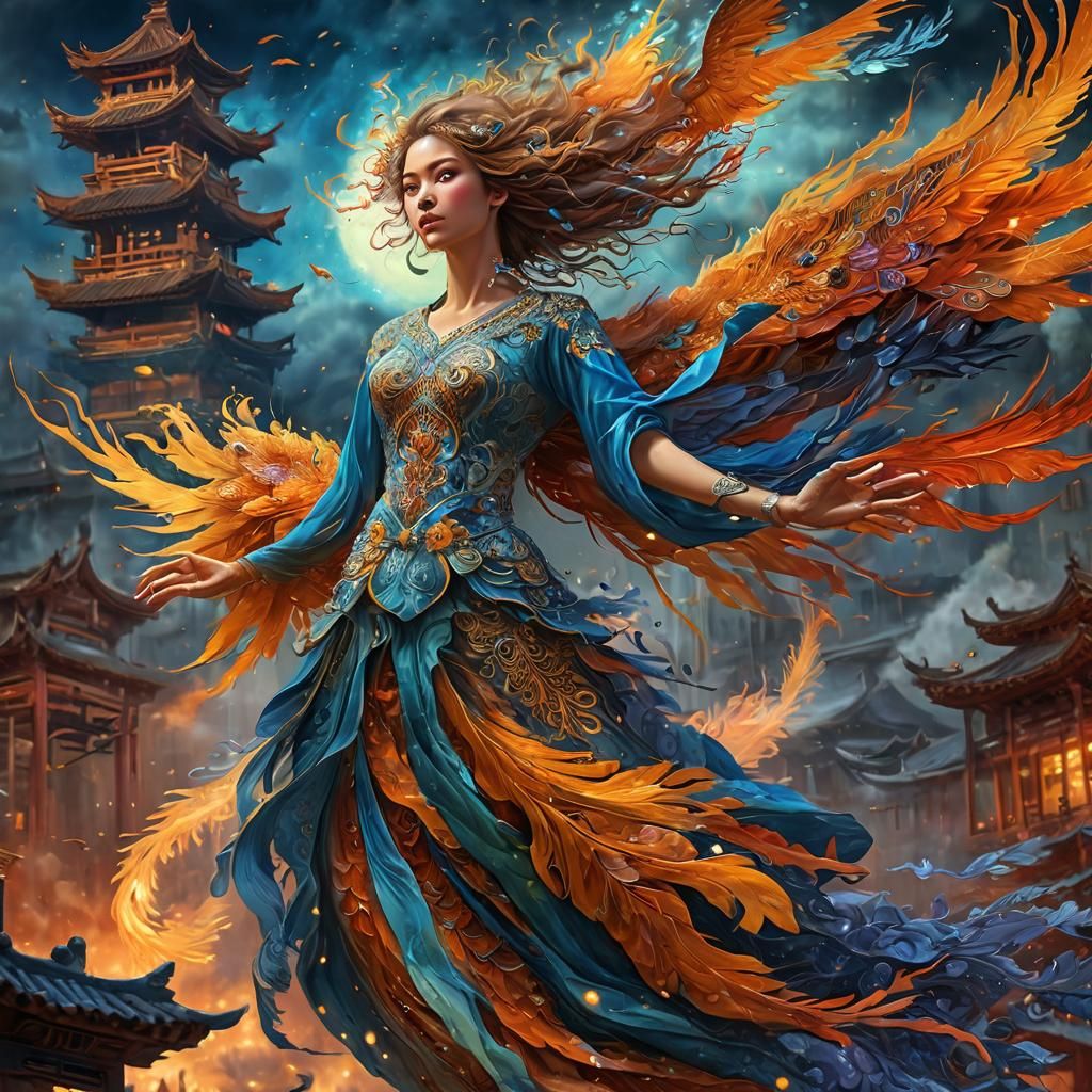 Fiery Phoenix Ascending in Wuxia: Digital Art