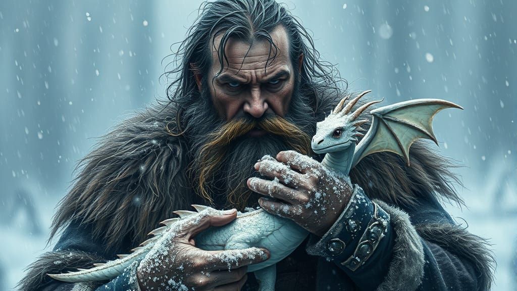 Fierce Elderly Viking Cradles Tiny Sparkling Dragon in Heavy...