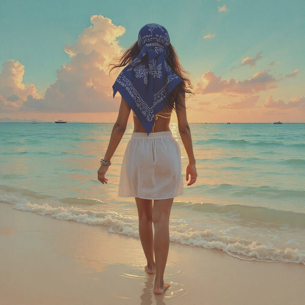 Woman on Beach at Sunset in Yellow Bikini