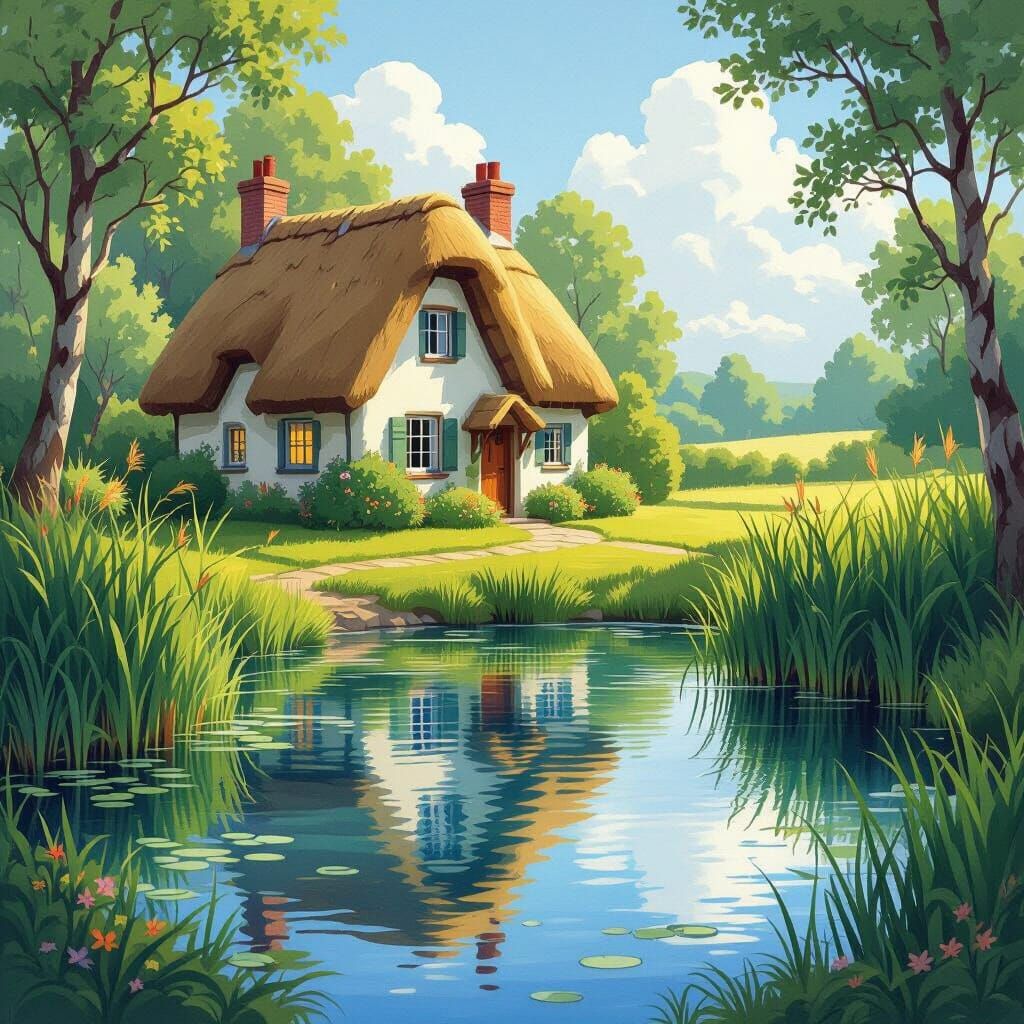 Tiny Thatched Cottage by Reflecting Pond
