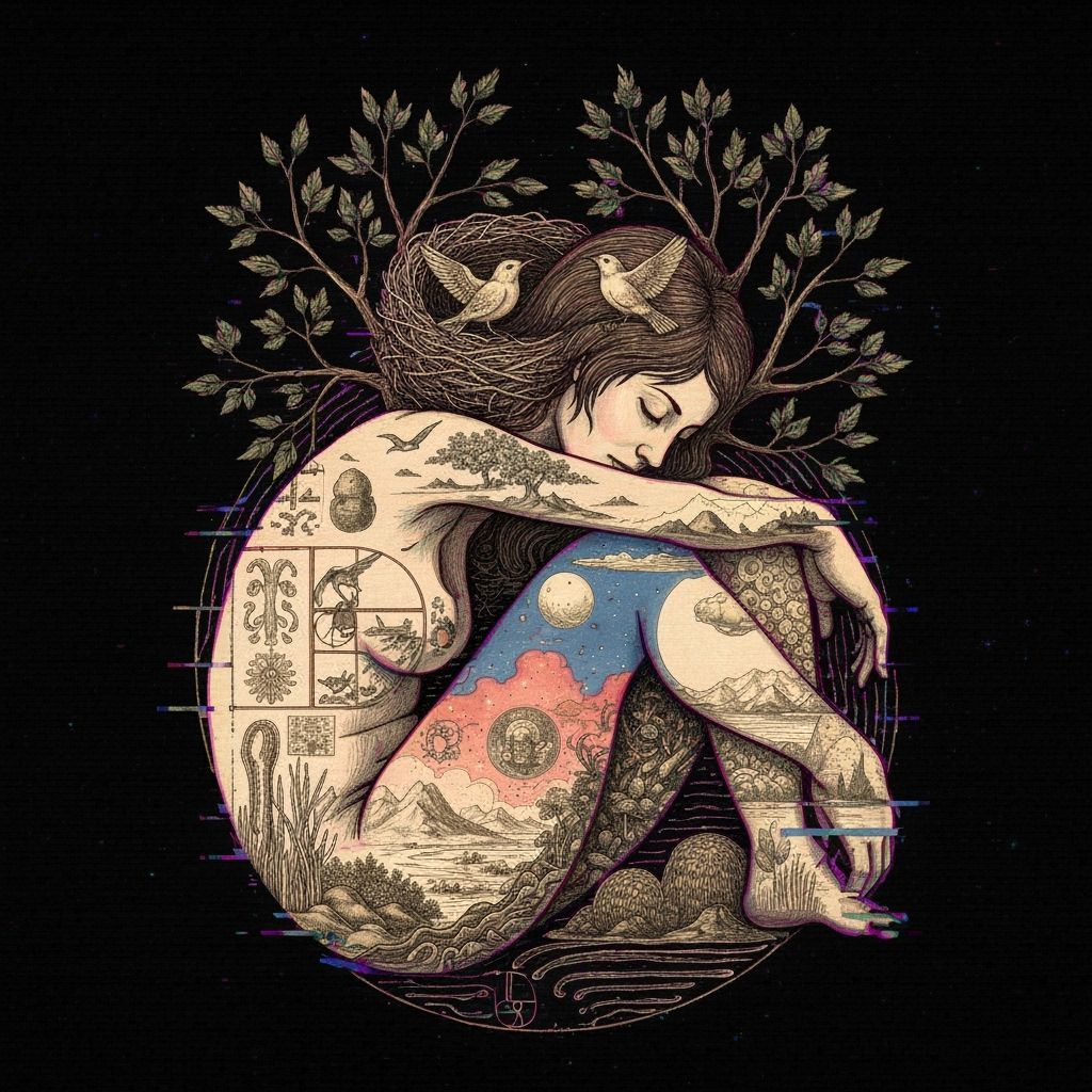 Dreamlike Glitch Art: Woman Intertwined with Nature