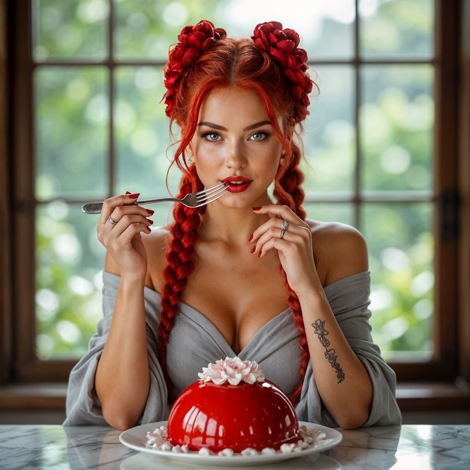 Crimson Haired Woman with Rose Dessert