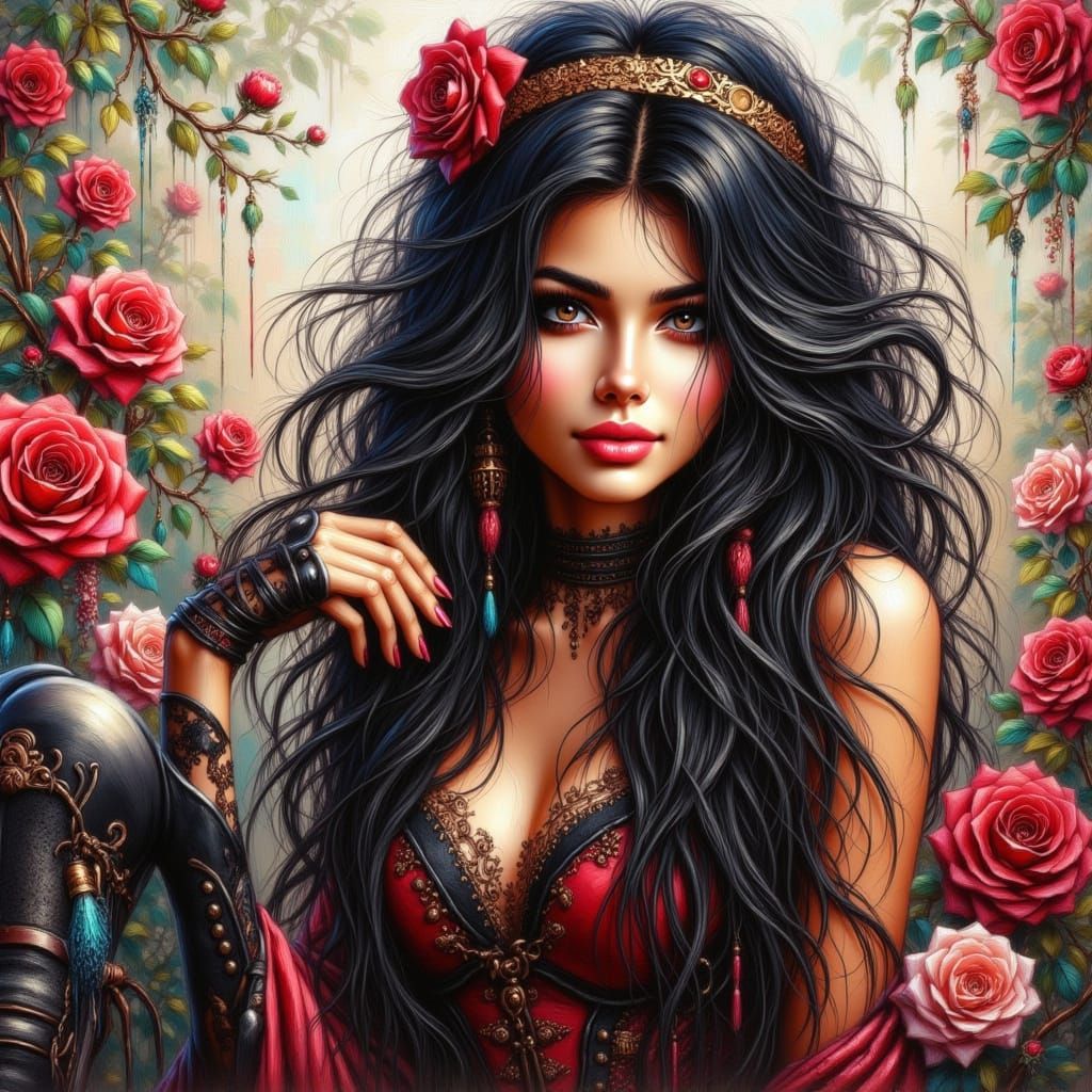 Beautiful Assassin with Rose Headband in Graffiti Art Style