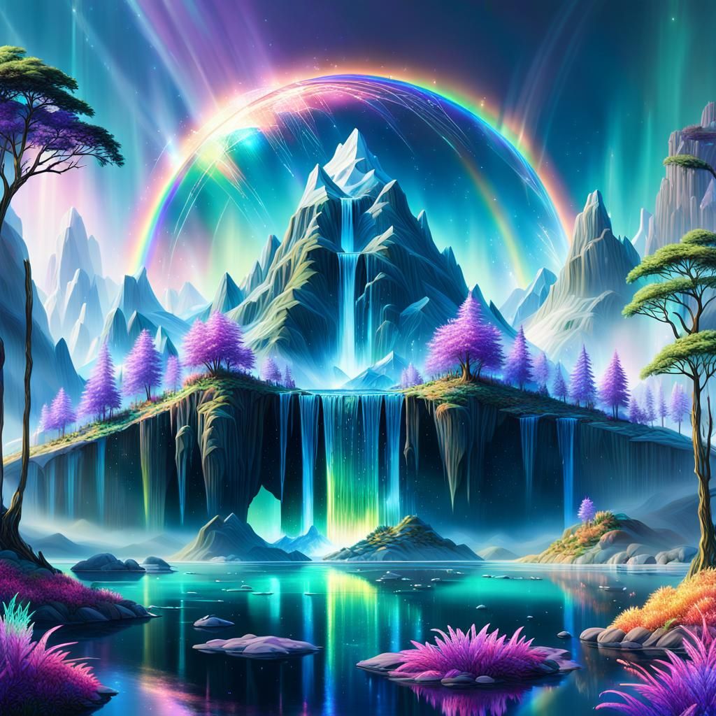 Ethereal Landscape with Crystalline Mountain, Digital Art