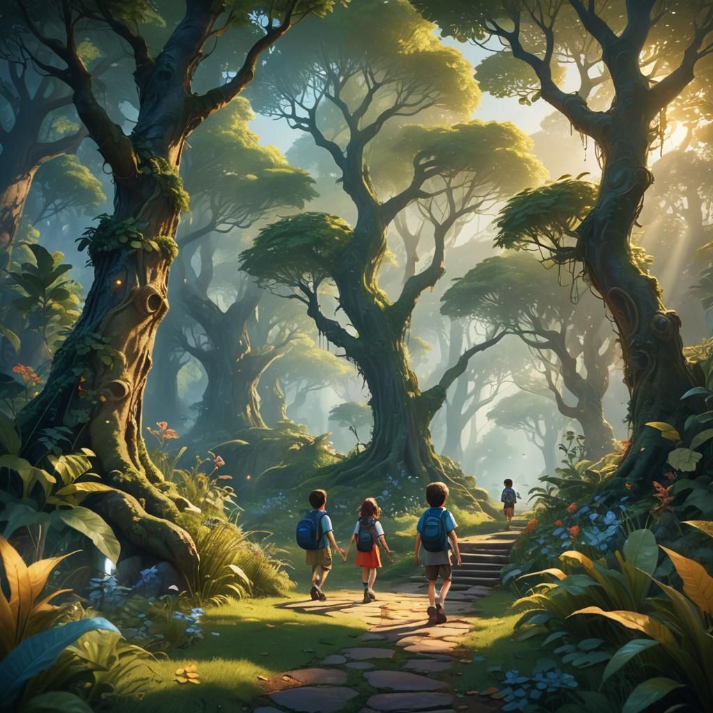 Children Enter Lush Greenery in Serene Concept Art