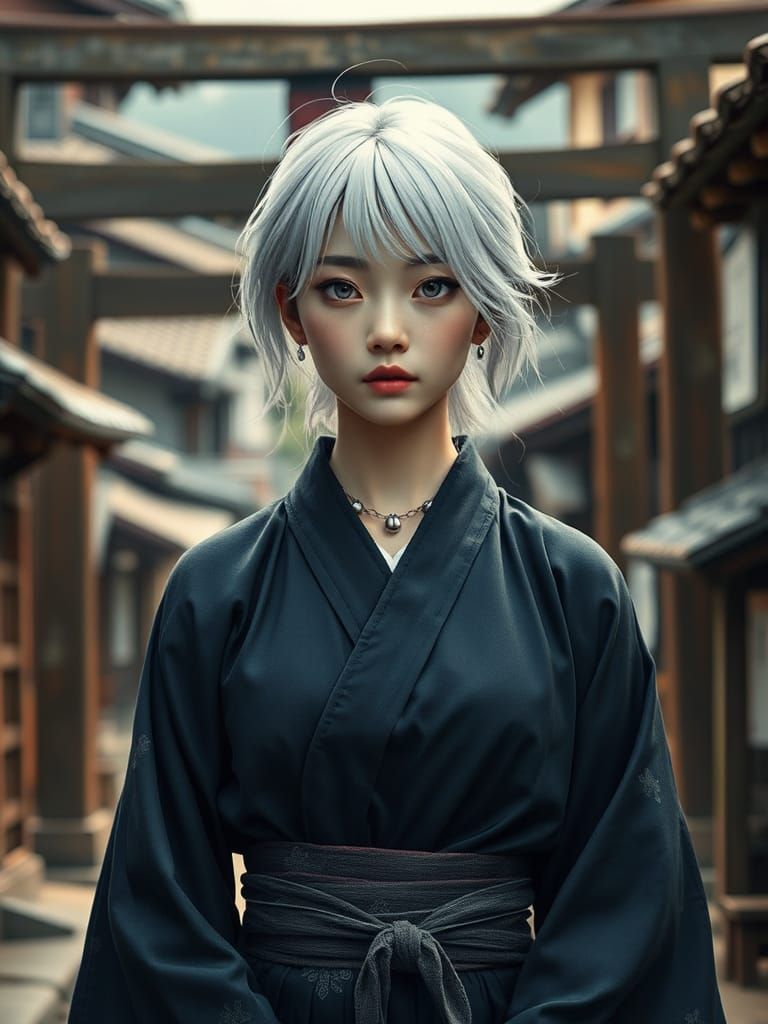 Japanese Woman with White Hair in Traditional Village