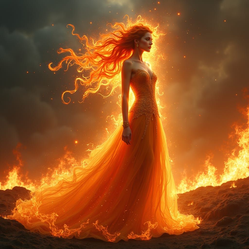 Majestic Male Fire Fairy in Blazing Landscape