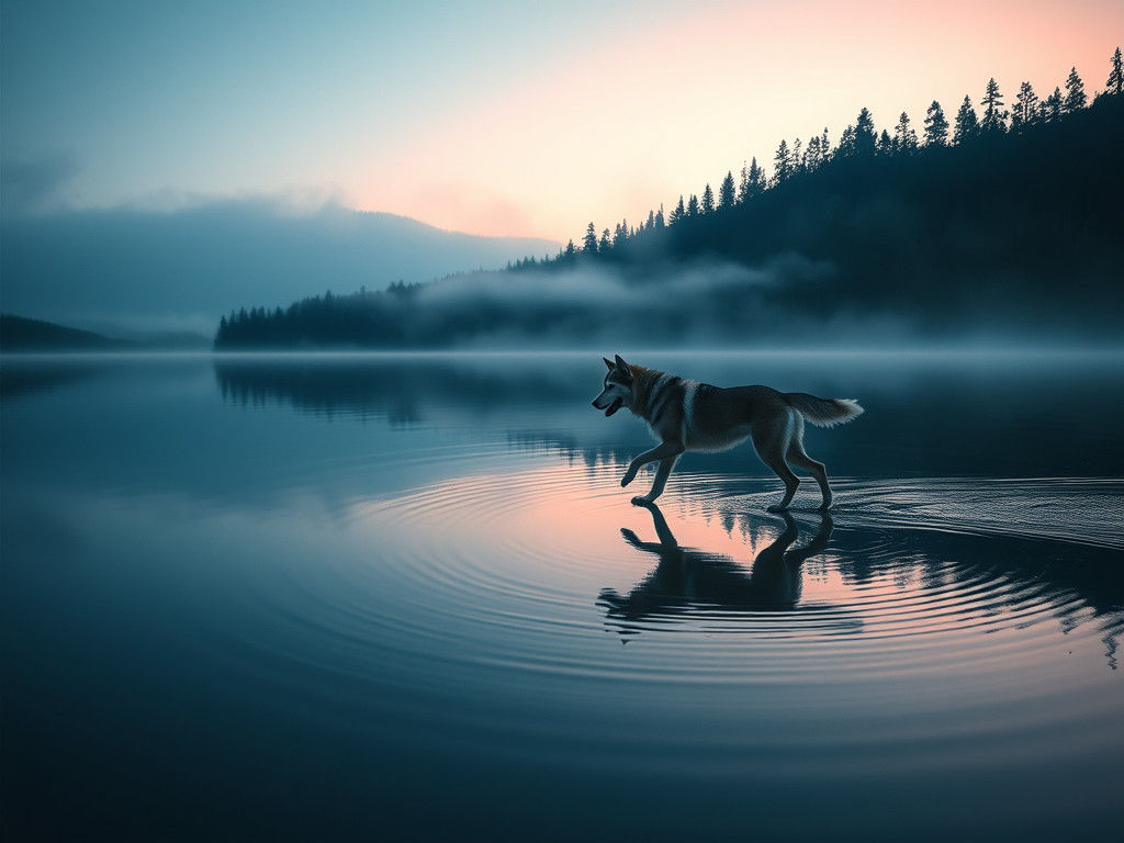 A serene lake at twilight, mist hovering above glassy waters reflecting a forested shoreline. I stand in awe as a lone h...