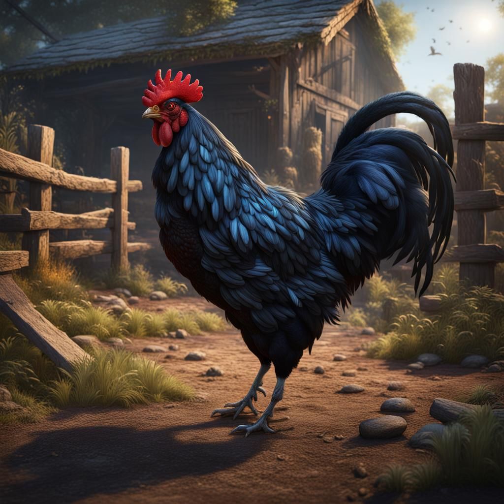 Black Rooster Matte Painting in Barnyard, Detailed Art