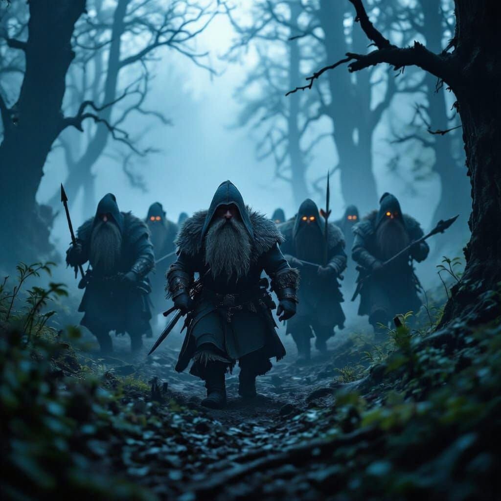 Dwarven Warriors in Ancient Foggy Forest