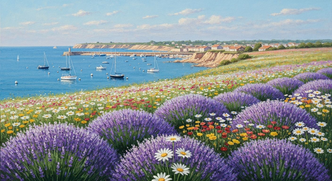 Coastal Harbor View with Wildflowers as Oil Painting
