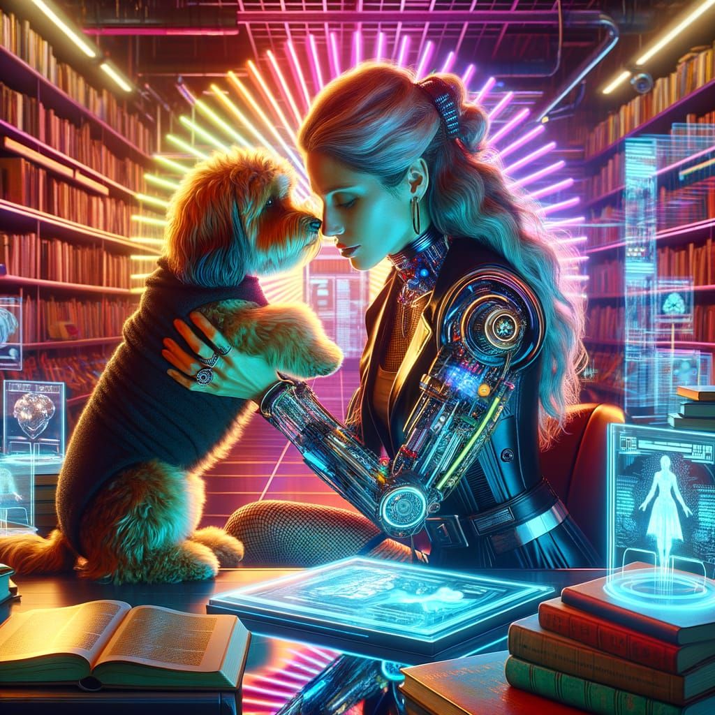 Cyberpunk 2049 Woman and Dog in Futuristic Library