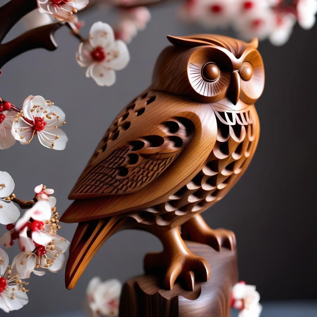 Ornate Cherry Wood Owl Sculpture