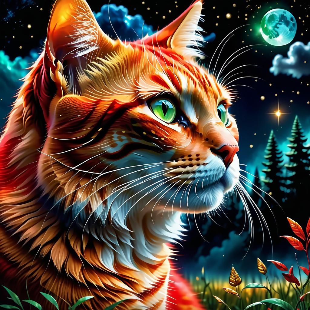 Watercolor Fantasy: Red Cat in Magic Forest