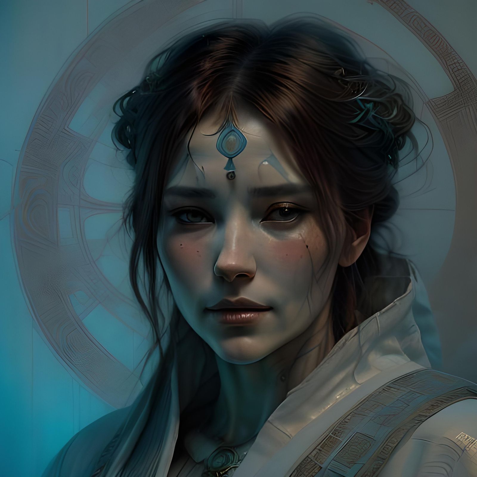 Prophetess Meditating in Blue Light, Detailed Digital Art