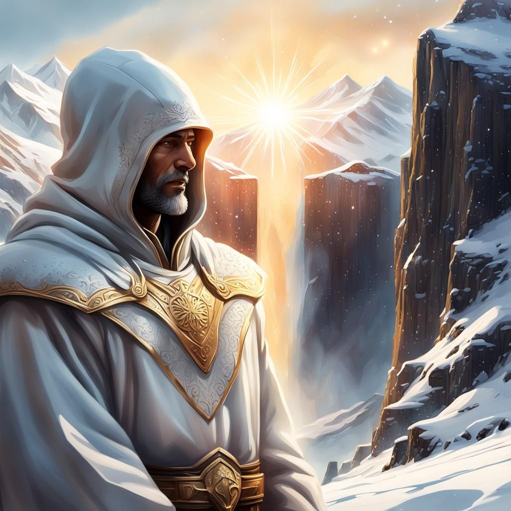 Mountain Figure in Golden Light: Digital Art