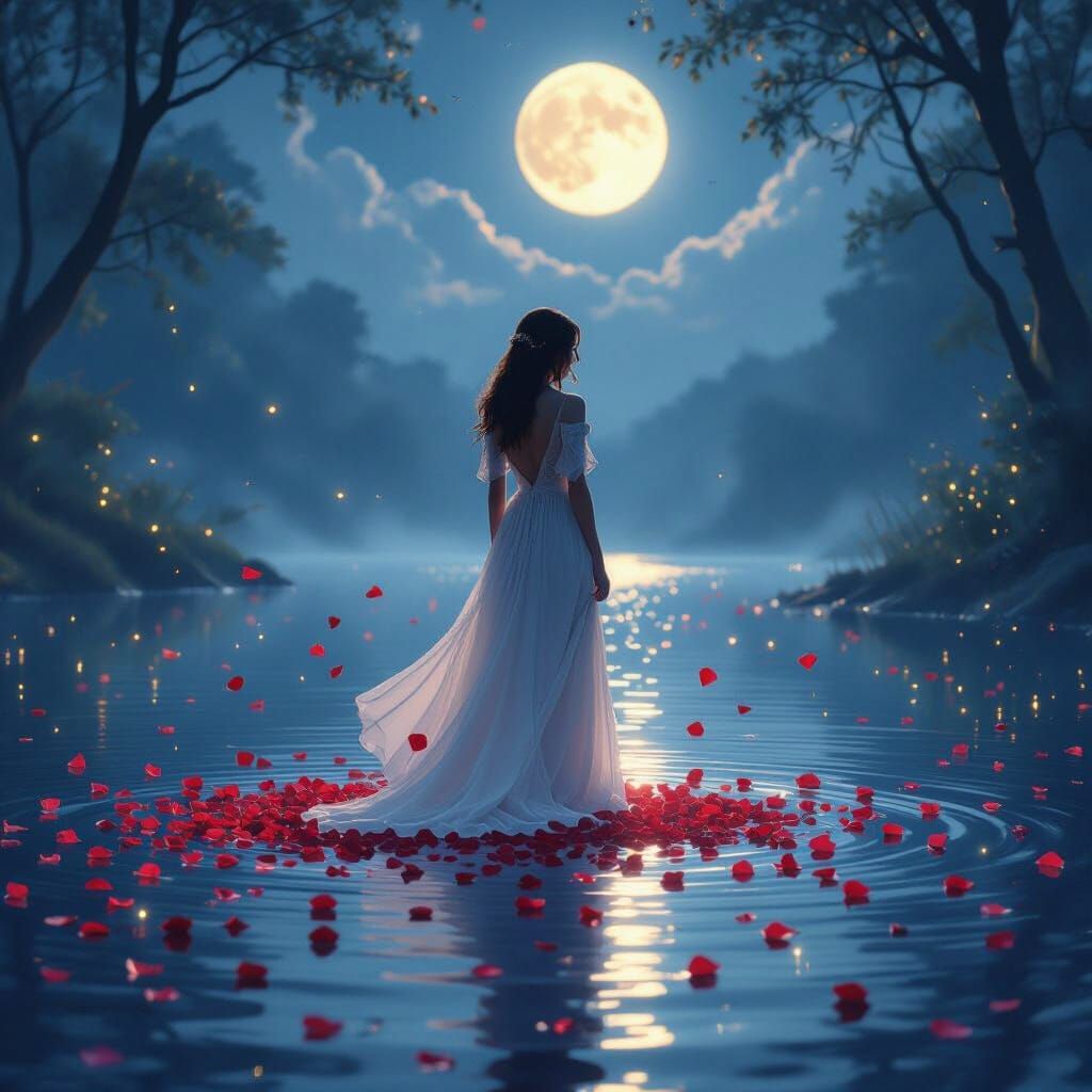 Romantic Moonlit Lake Scene in Ghibli-Kinkade Style