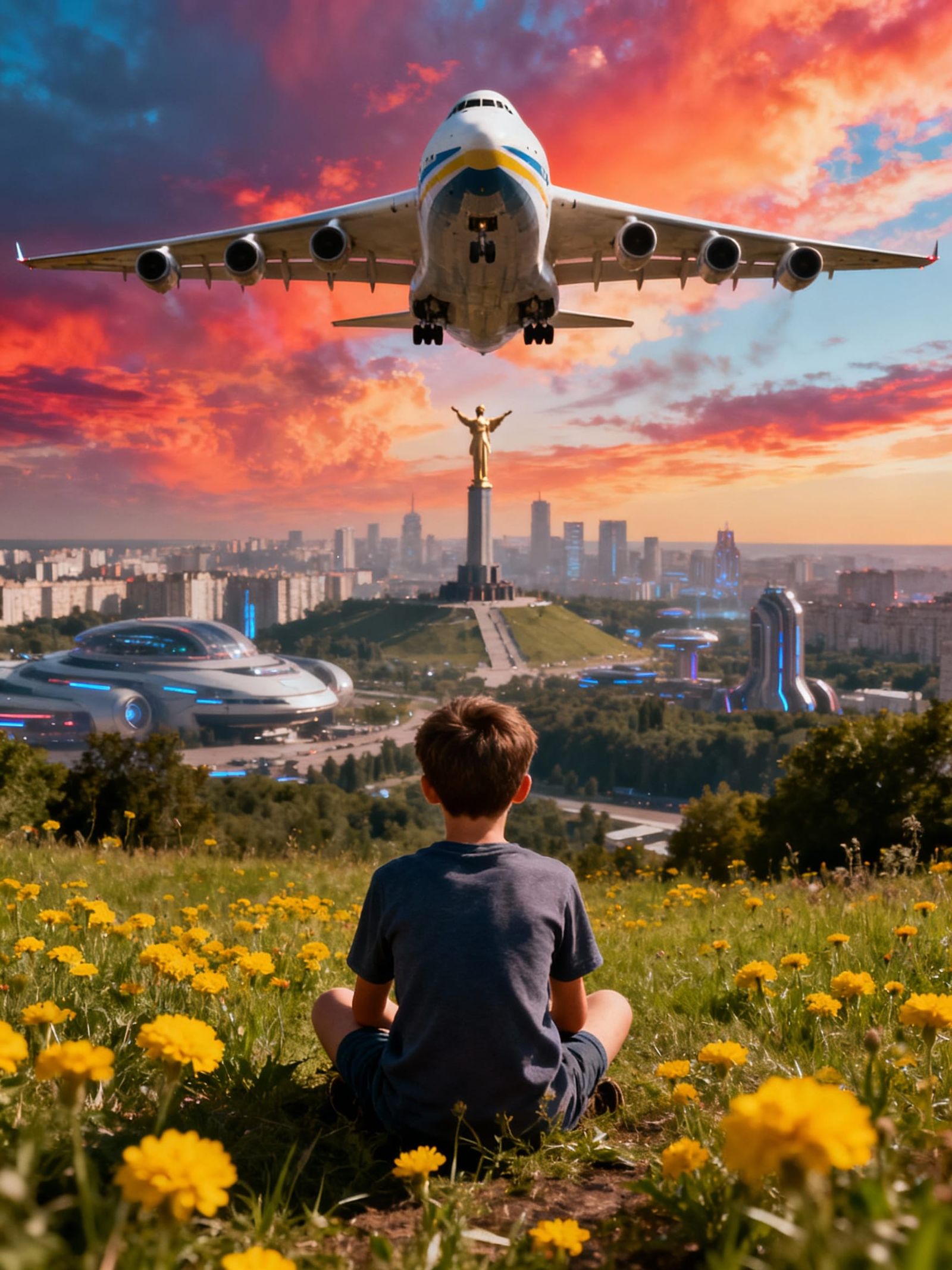 Boy Gazes at Futuristic Kyiv with AN-225 Overhead