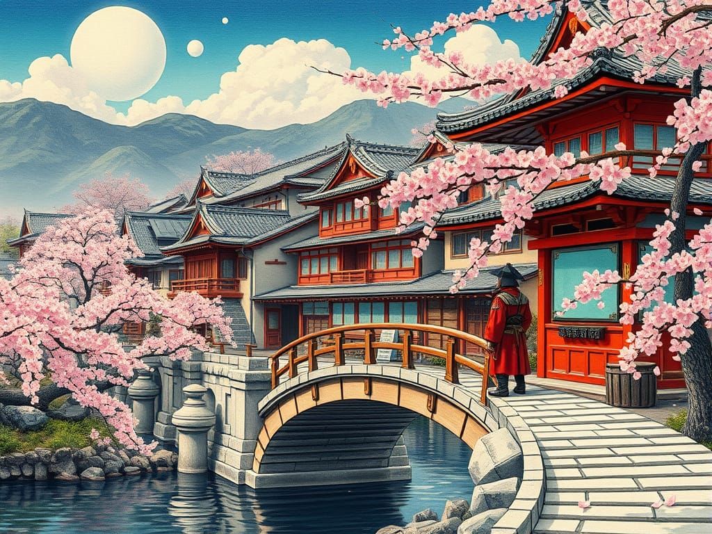 Samurai on Bridge in Cherry Blossom Town