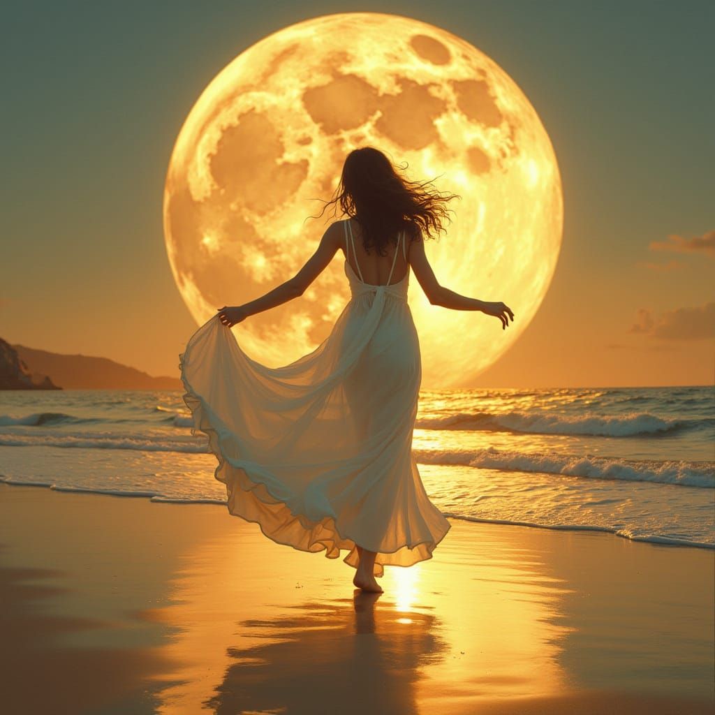 Woman Dancing on Moonlit Beach in Art Nouveau Style