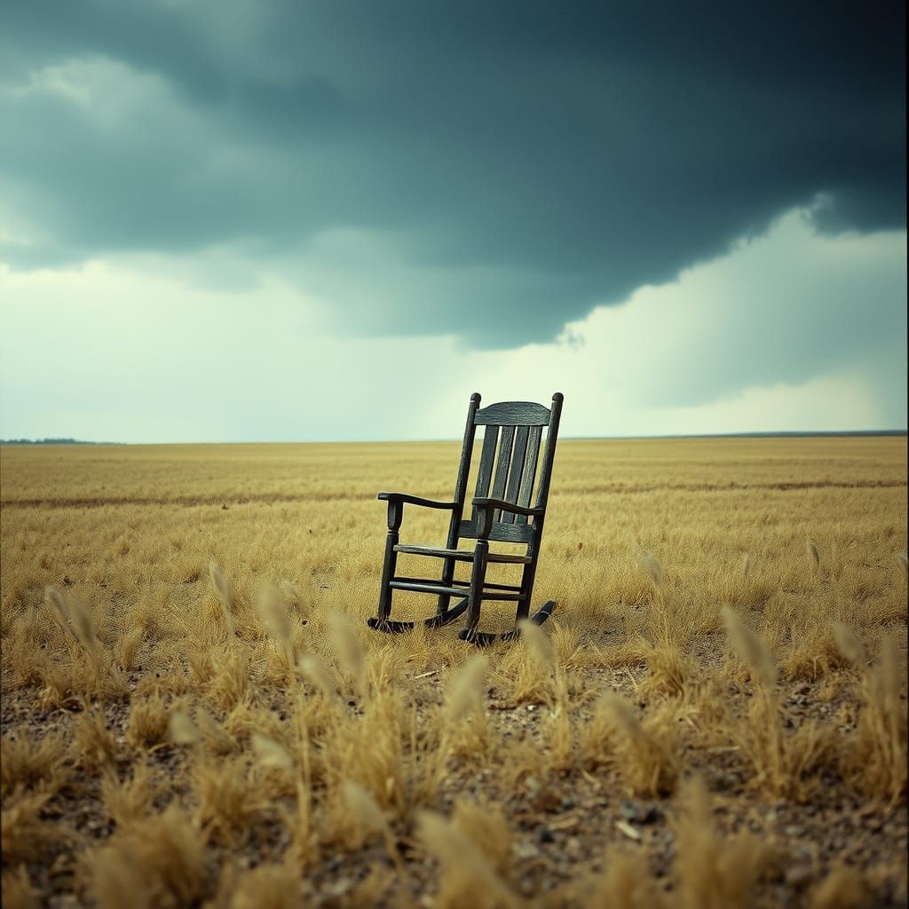 Desolate Field: Empty Rocking Chair Under Stormy Sky