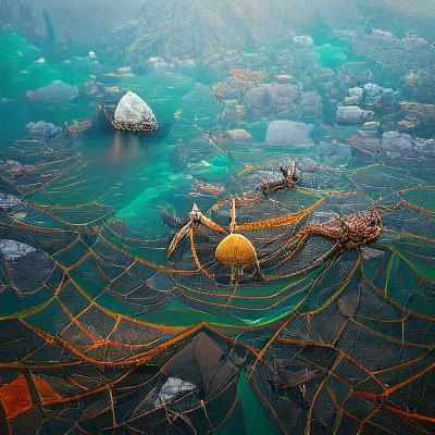 Long-Legged Crabs in Ocean Net: Detailed Matte Painting