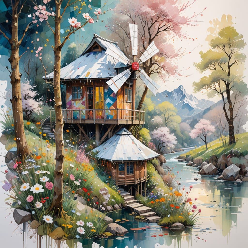 Summer Meadow with Chalets and Snowy Peaks