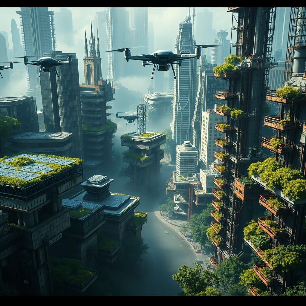 Overgrown Hypermodern Cityscape with Drones in Cinematic Lig...