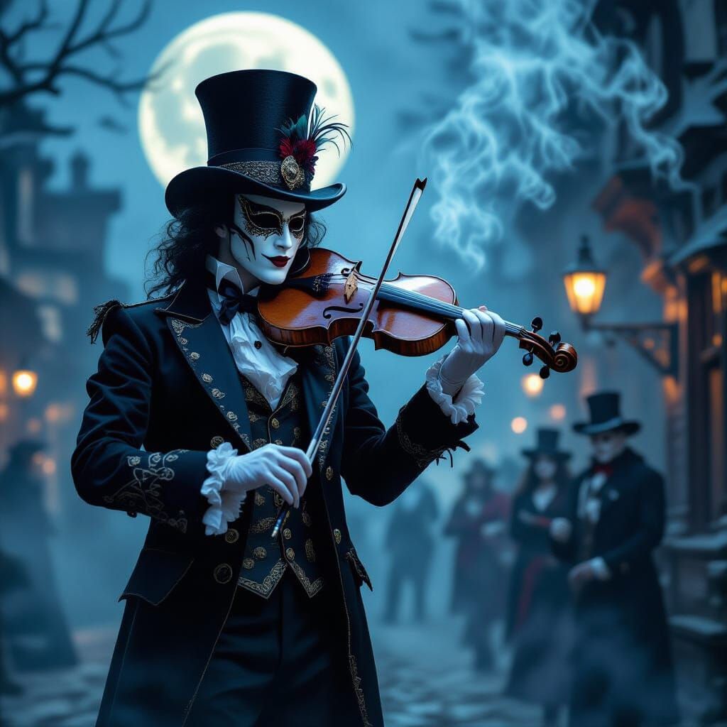 Surreal Gothic Carnival with Fiddler in Moonlight
