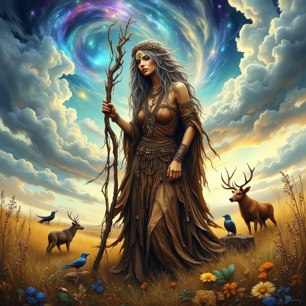 Wise Crone with Animals in Sunlit Meadow