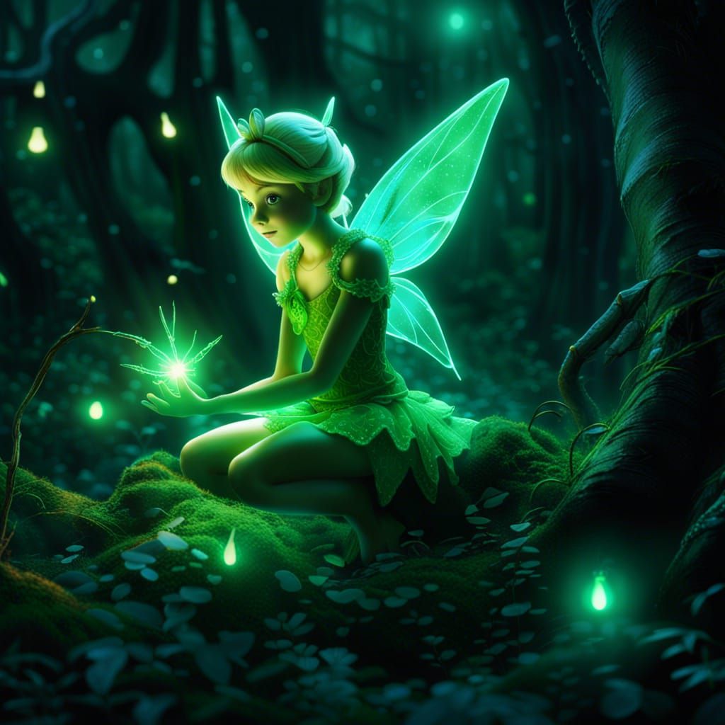 Tinkerbell in Bioluminescent Enchanted Forest, Fantasy Art