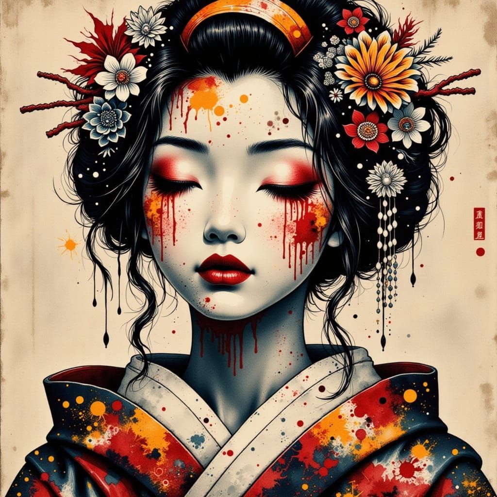 Mysterious Water Spirit Geisha in Dark Ink Art