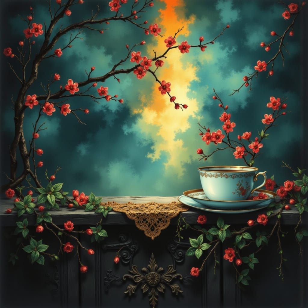 Porcelain Teacup Overflowing With Cherry Blossoms