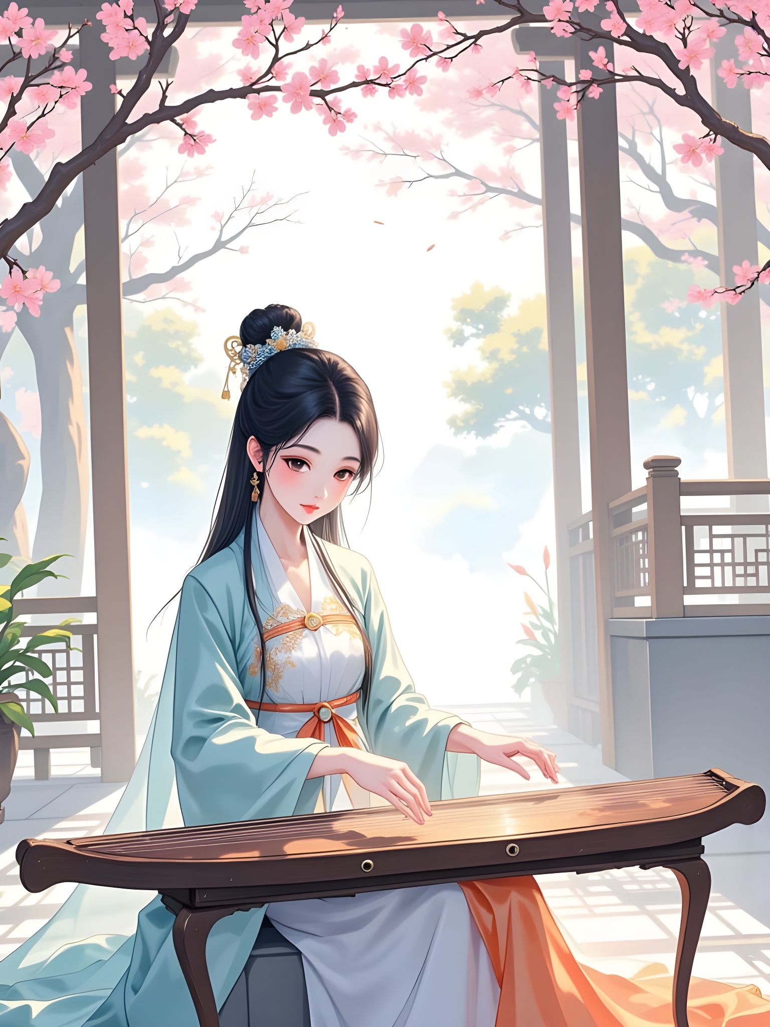 Girl Playing Guzheng in Spring Patio: Anime Watercolor