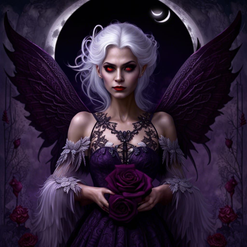 Winged Vampire Woman in Purple Dress, Fantasy Art