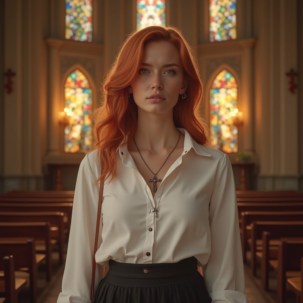 Realistic Photo of a Red-Haired Woman in Temple