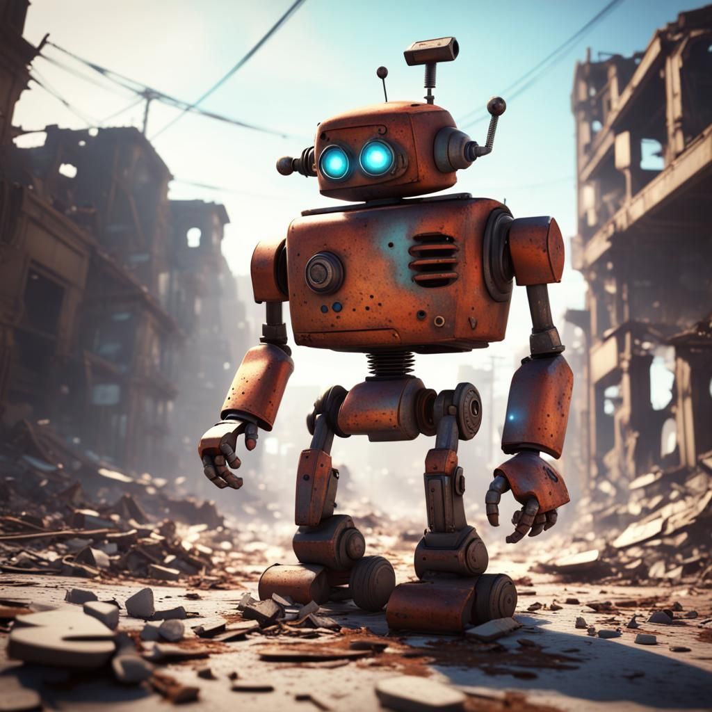 Colorful Robot in Destroyed City: 3D Render