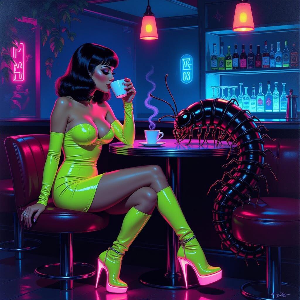 Futuristic Woman Enjoys Coffee with Centipede Friend in Neon...