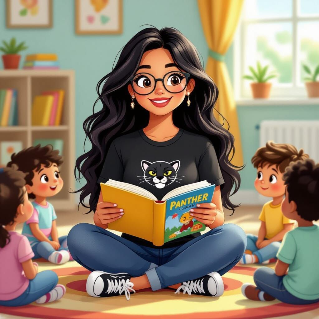 Latina Teacher Reads to Preschoolers in Cheerful Cartoon Sty...
