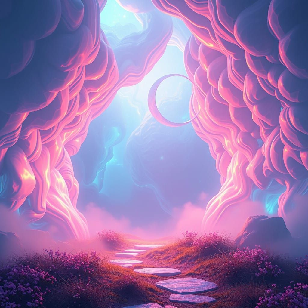 Ethereal Fantasy Realm in Vibrant, Iridescent Hues
