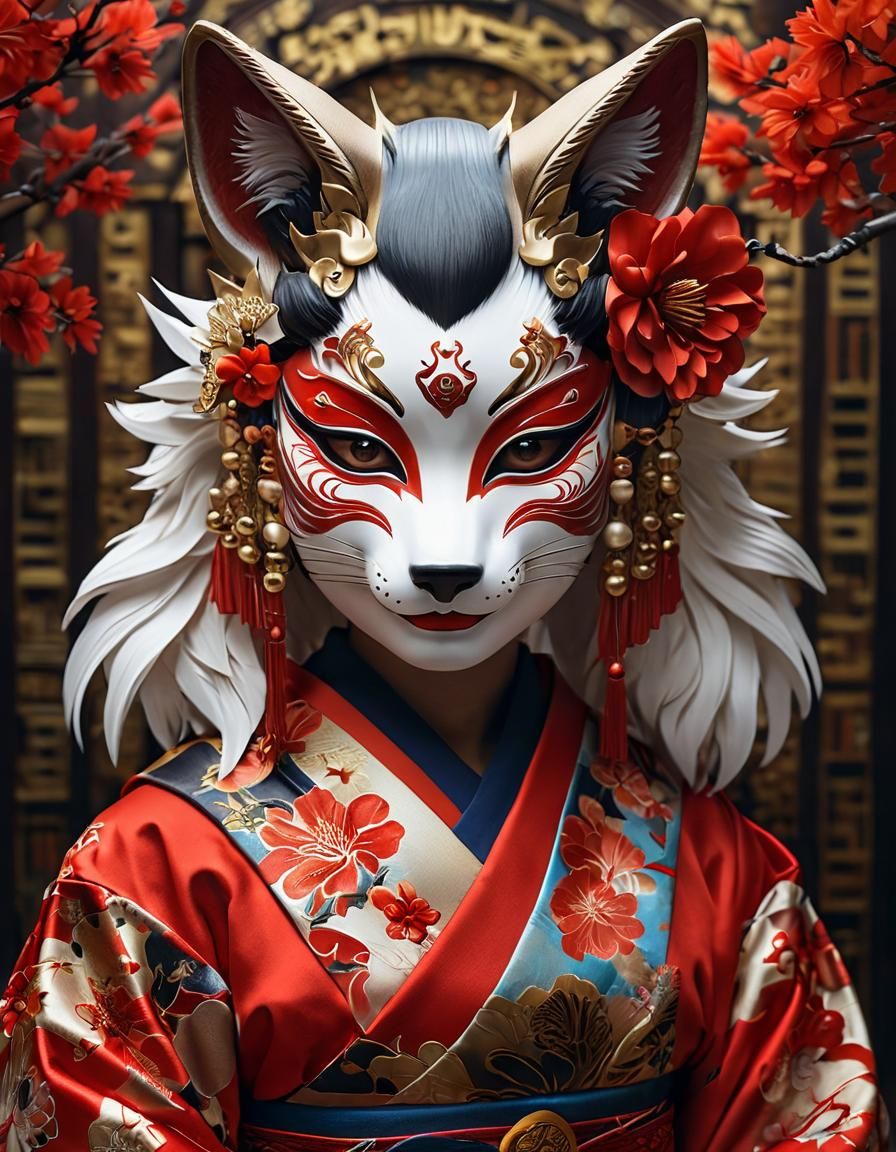 Geisha in Fox Mask: Hyperrealistic Close-Up Portrait