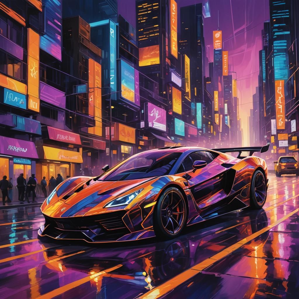 Futuristic Supercar Speeds Through Neon Cityscape